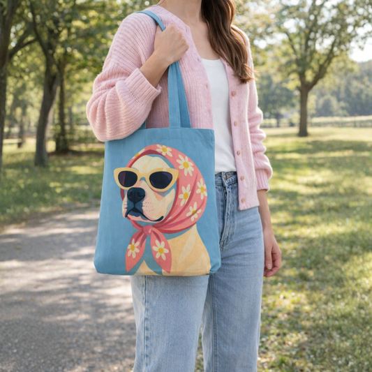 Retro Pup Boho Canvas Tote Bag with Zipper