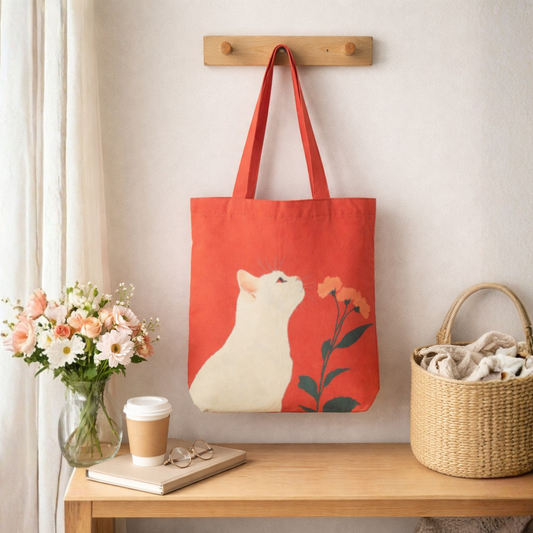 Curious Cat Canvas Tote Bag with Zipper