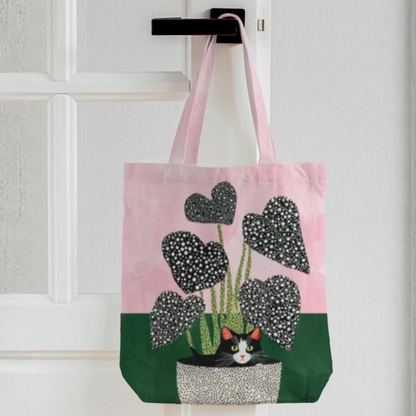 Plant Lover Cat Boho Canvas Tote Bag with Zipper
