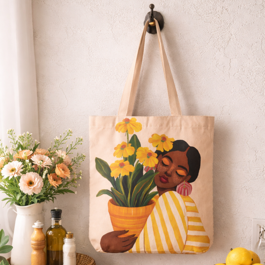 Golden Bloom Canvas Tote Bag with Zipper