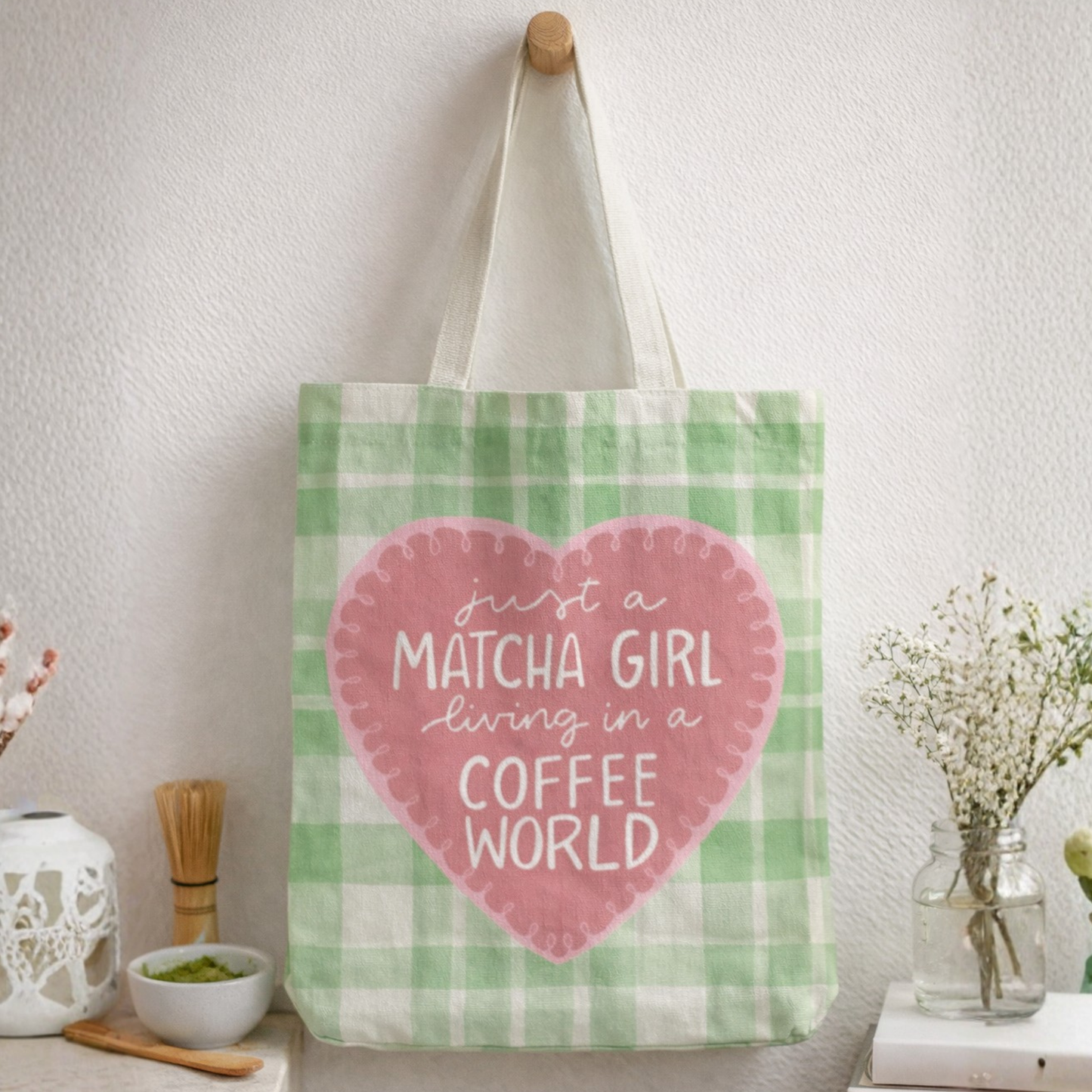 Matcha Girl Boho Canvas Tote Bag with Zipper