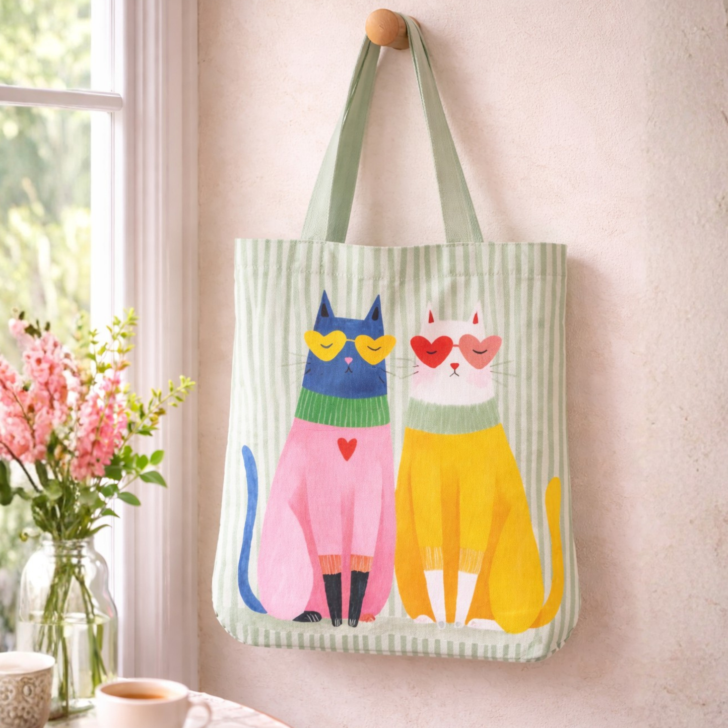 Purrfectly Paired Boho Cats Canvas Tote Bag with Zipper
