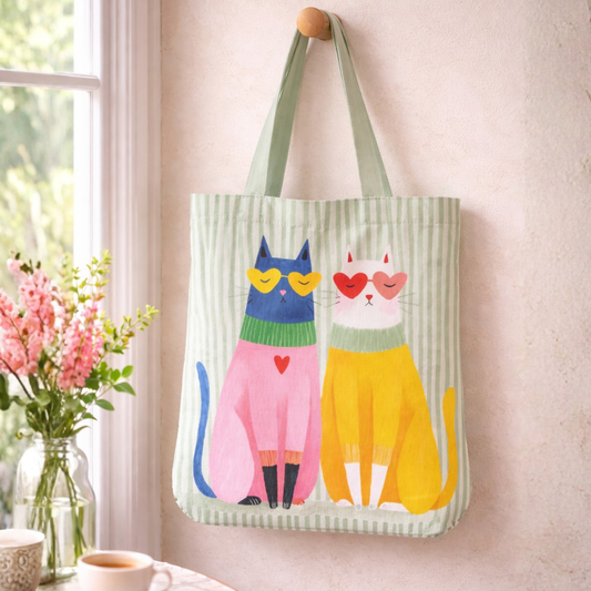 Purrfectly Paired Boho Cats Canvas Tote Bag with Zipper
