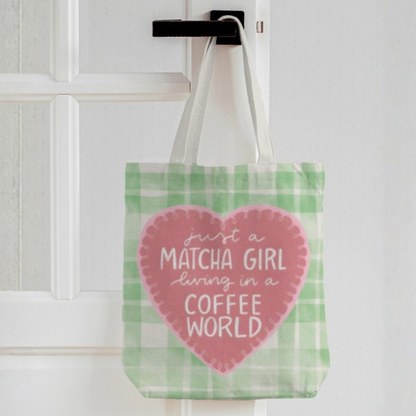 Matcha Girl Boho Canvas Tote Bag with Zipper