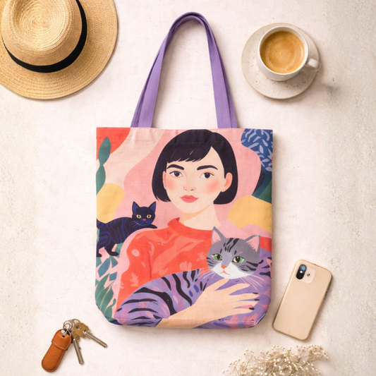 Cat Muse Canvas Tote Bag with Zipper
