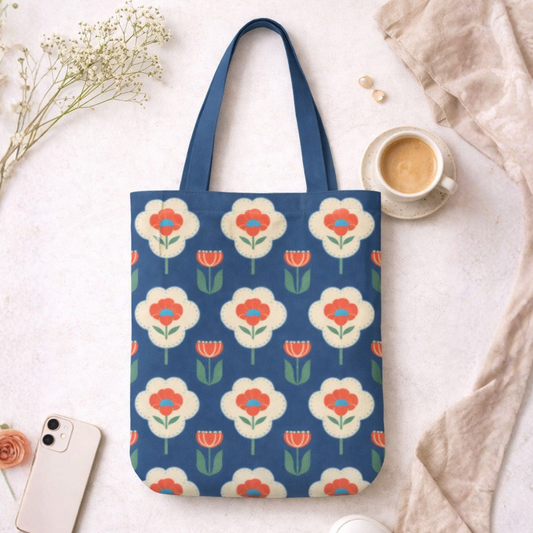 Folk Charm Floral Canvas Tote Bag with Zipper