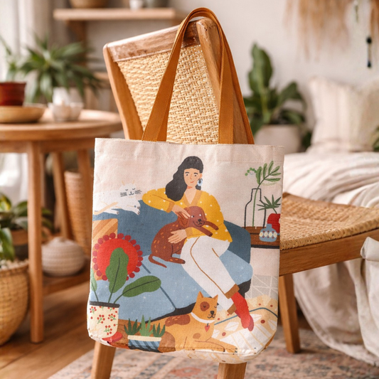 Cozy Companions Canvas Tote Bag with Zipper