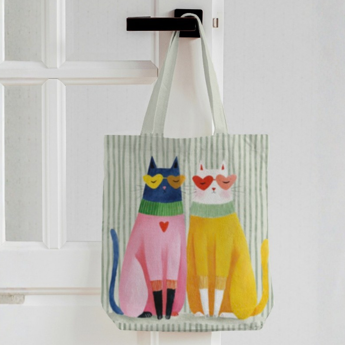 Purrfectly Paired Boho Cats Canvas Tote Bag with Zipper
