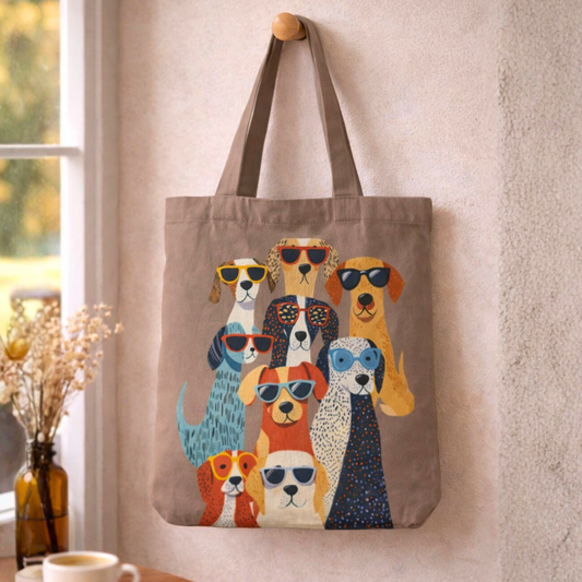 Cool Dogs Boho Canvas Tote Bag with Zipper