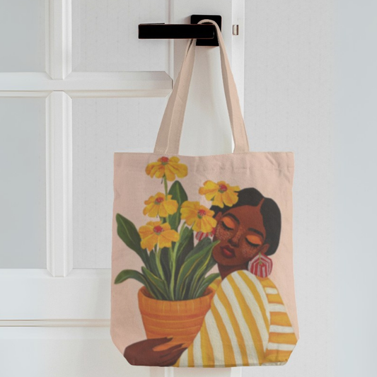Golden Bloom Canvas Tote Bag with Zipper