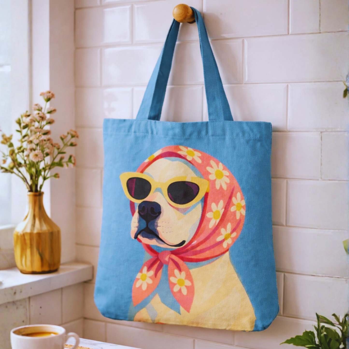 Retro Pup Boho Canvas Tote Bag with Zipper