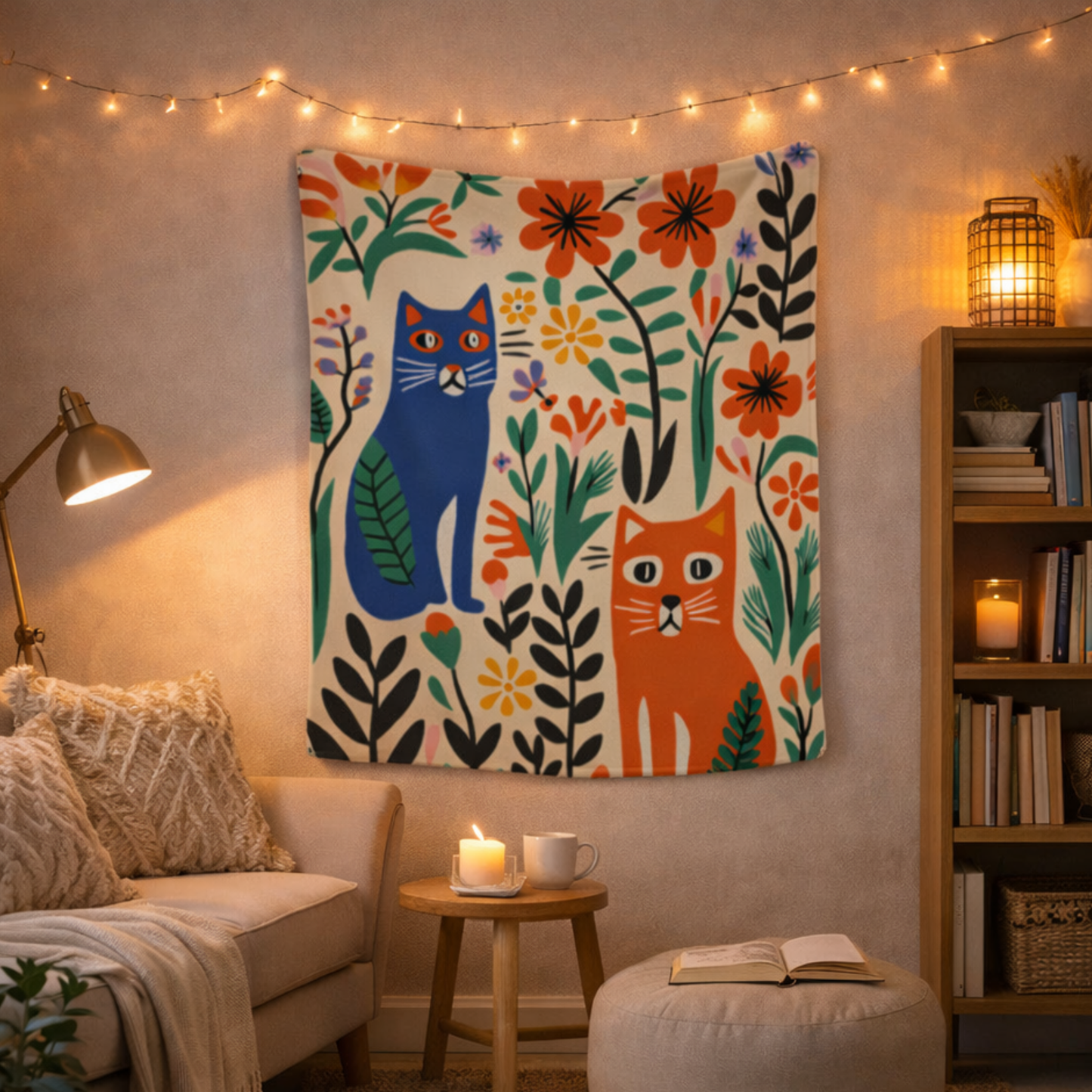 Curious Cats & Garden Blooms Fabric Wall Tapestry