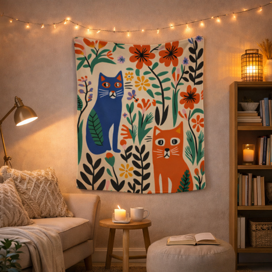 Curious Cats & Garden Blooms Fabric Wall Tapestry