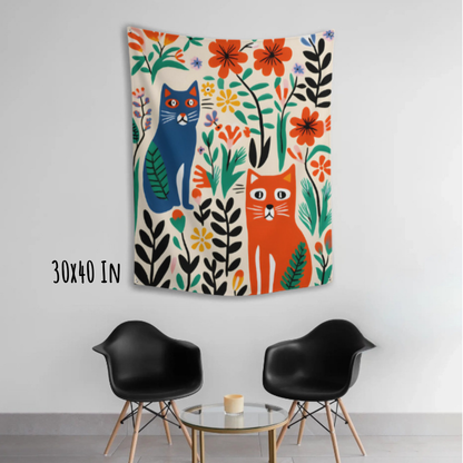 Curious Cats & Garden Blooms Fabric Wall Tapestry