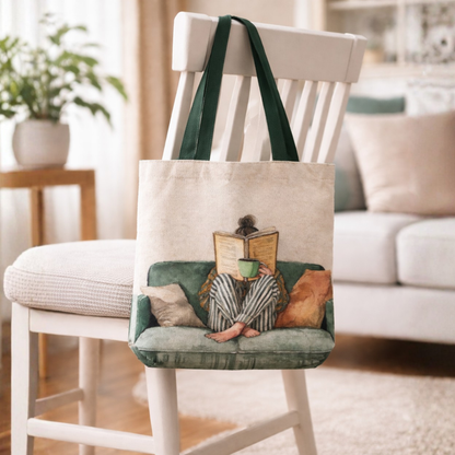 Cozy Reader Boho Canvas Tote Bag with Zipper