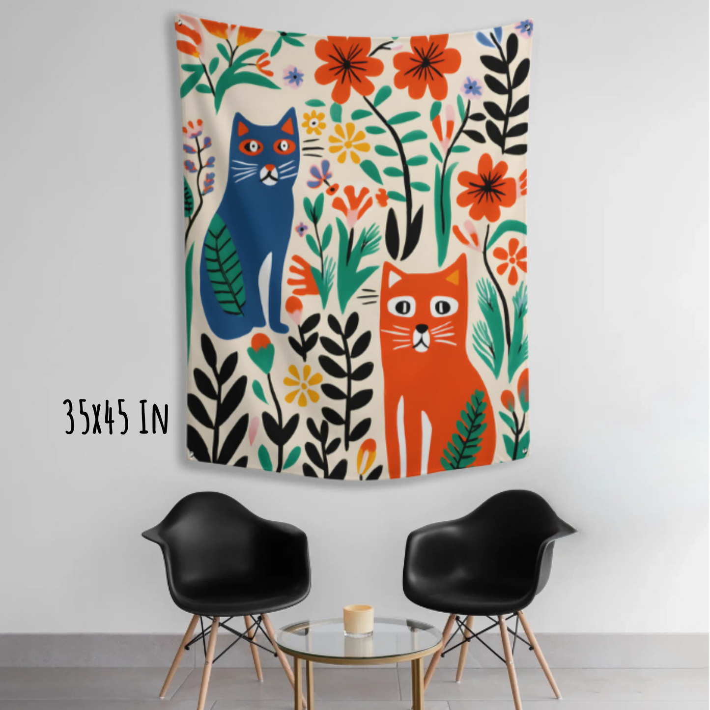 Curious Cats & Garden Blooms Fabric Wall Tapestry