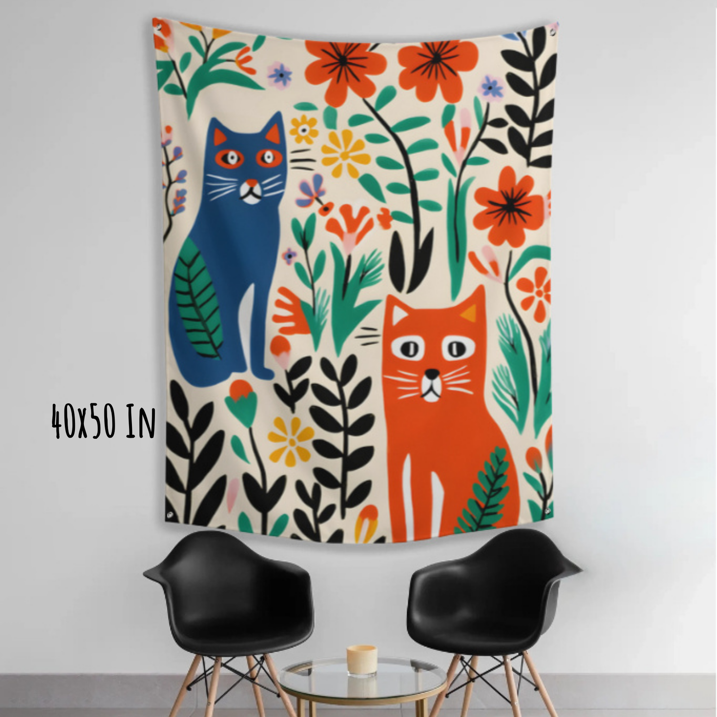 Curious Cats & Garden Blooms Fabric Wall Tapestry