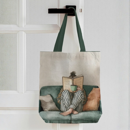 Cozy Reader Boho Canvas Tote Bag with Zipper