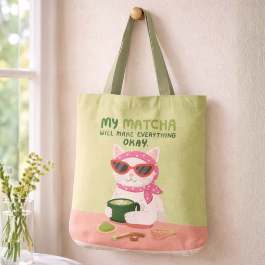 My Matcha Canvas Tote Bag with Zipper