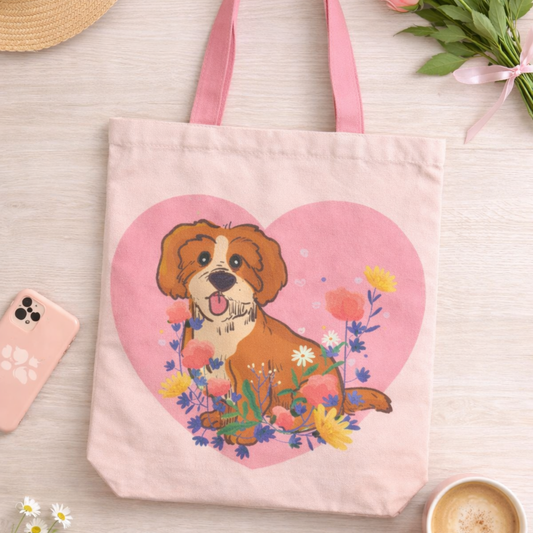 Puppy Love Canvas Tote Bag with Zipper