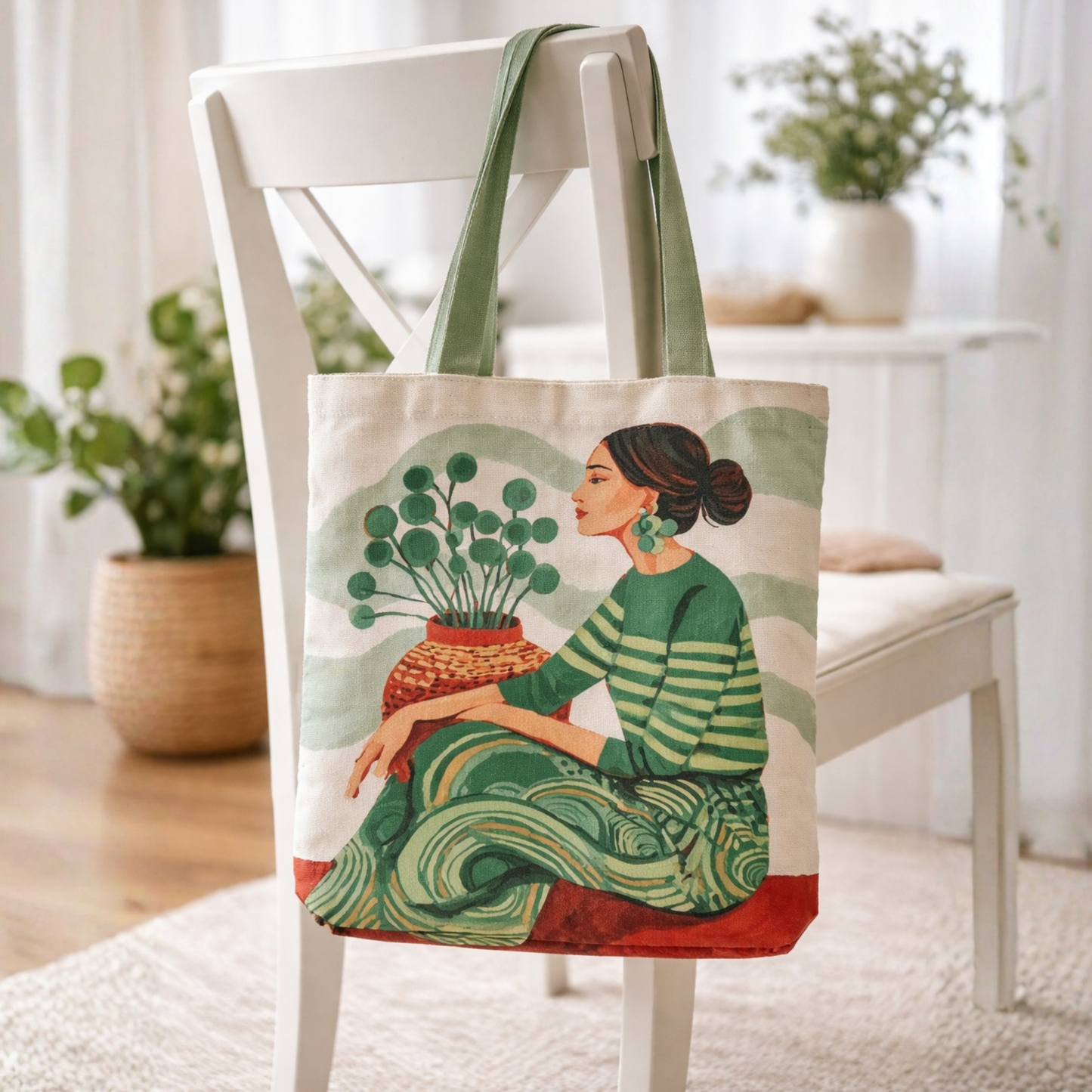 Green Muse Boho Canvas Tote Bag with Zipper