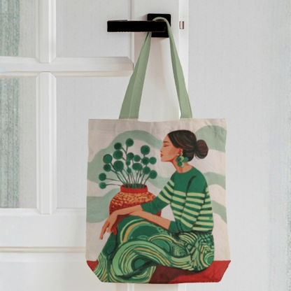 Green Muse Boho Canvas Tote Bag with Zipper