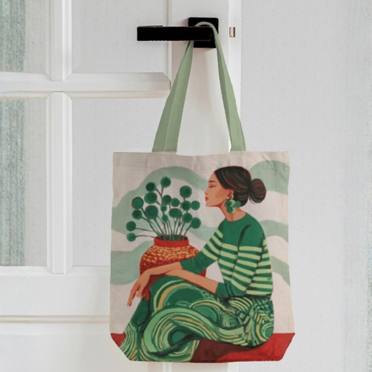 Green Muse Boho Canvas Tote Bag with Zipper