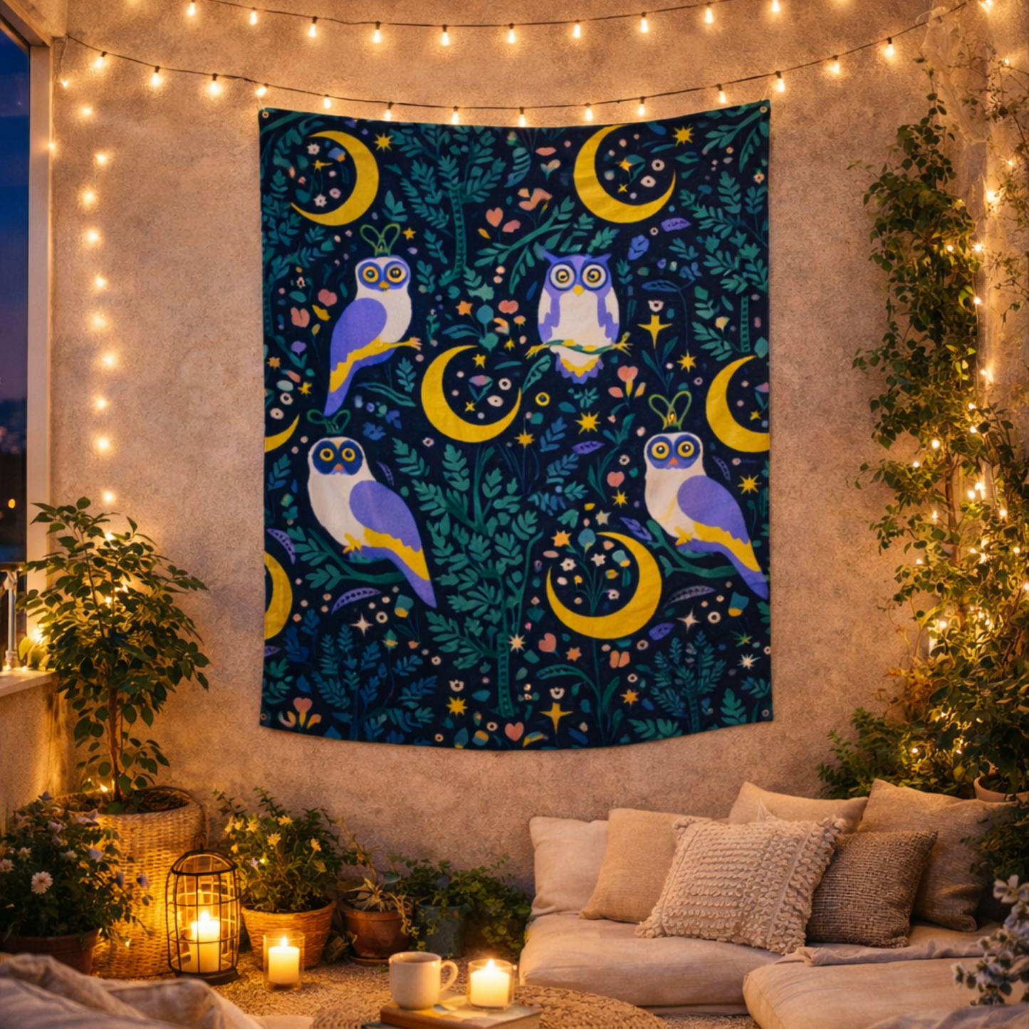 Moonlit Owls Fabric Wall Tapestry