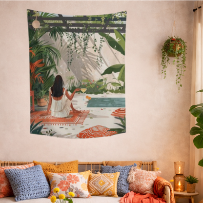 Quiet Afternoon by the Pool Fabric Wall Tapestry