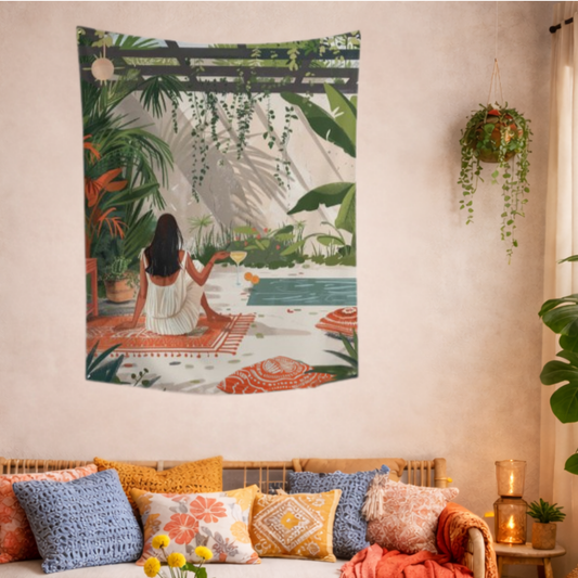 Quiet Afternoon by the Pool Fabric Wall Tapestry