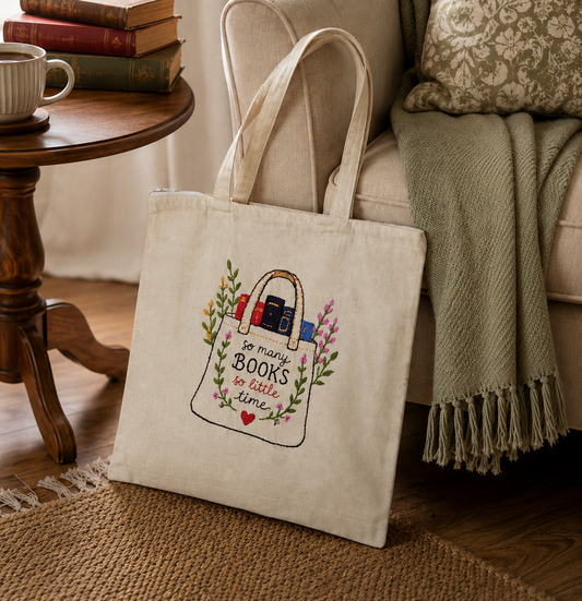 Boho Book Lover Hand-Embroidered Tote Bag