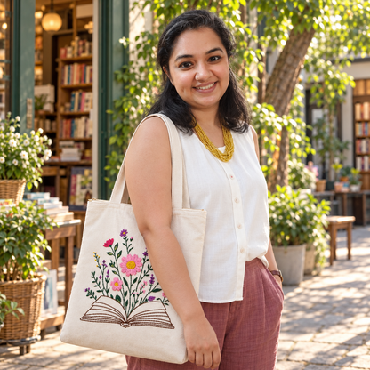 Boho Book in Bloom Hand-Embroidered Tote Bag