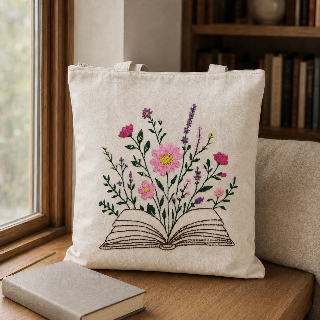 Boho Book in Bloom Hand-Embroidered Tote Bag