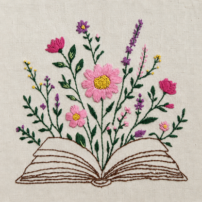 Boho Book in Bloom Hand-Embroidered Tote Bag