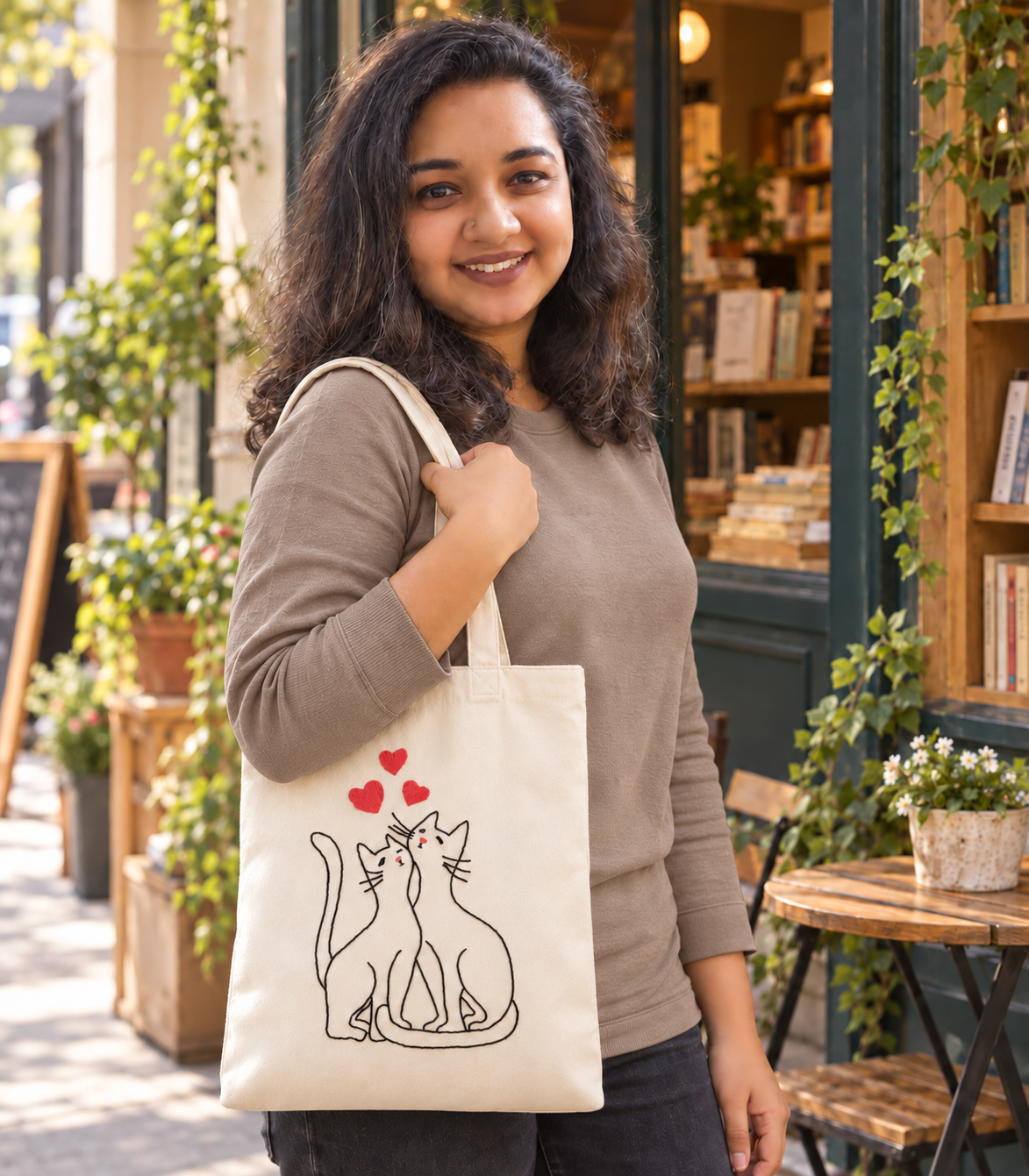 Boho Cat Love Hand-Embroidered Tote Bag