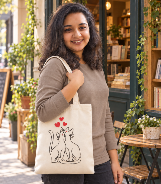 Boho Cat Love Hand-Embroidered Tote Bag