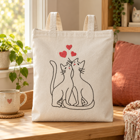 Boho Cat Love Hand-Embroidered Tote Bag