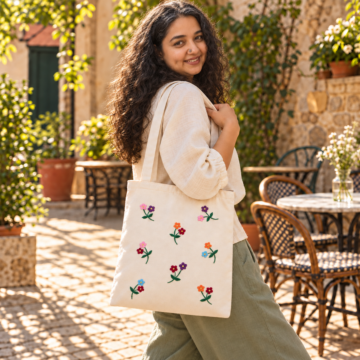 Boho Confetti Blooms Hand-Embroidered Tote Bag