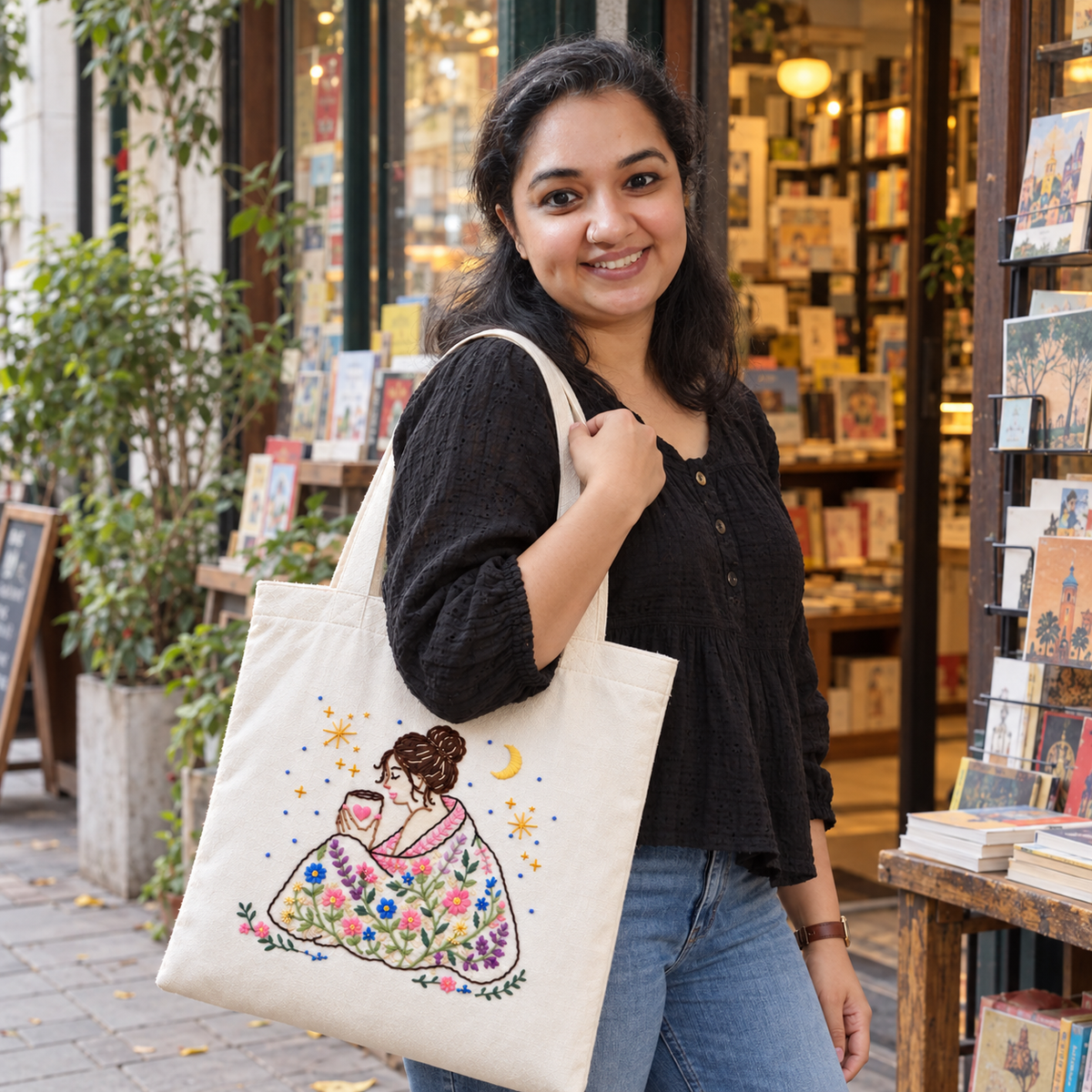 Boho Cosy Moments Hand-Embroidered Tote Bag