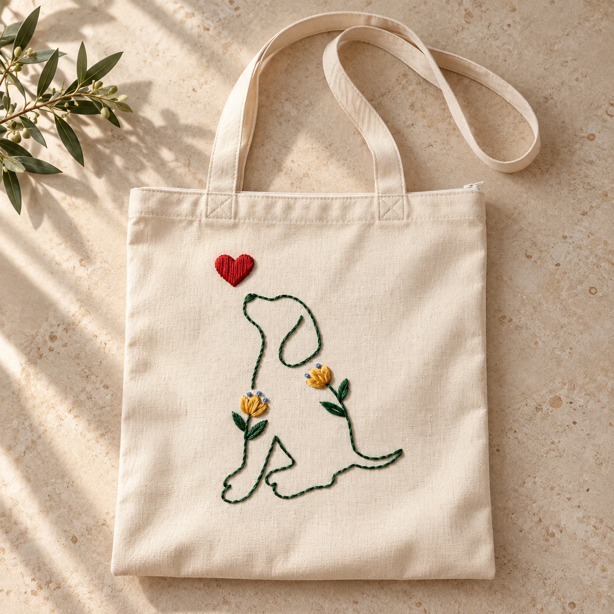 Boho Dog Lover Hand-Embroidered Tote Bag