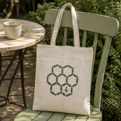 Boho Honeybee Hand-Embroidered Tote Bag