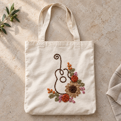 Boho Music Lover Hand-Embroidered Tote Bag