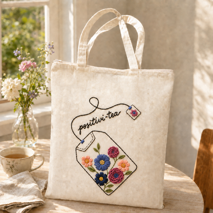 Boho Positivi-Tea Hand-Embroidered Tote Bag