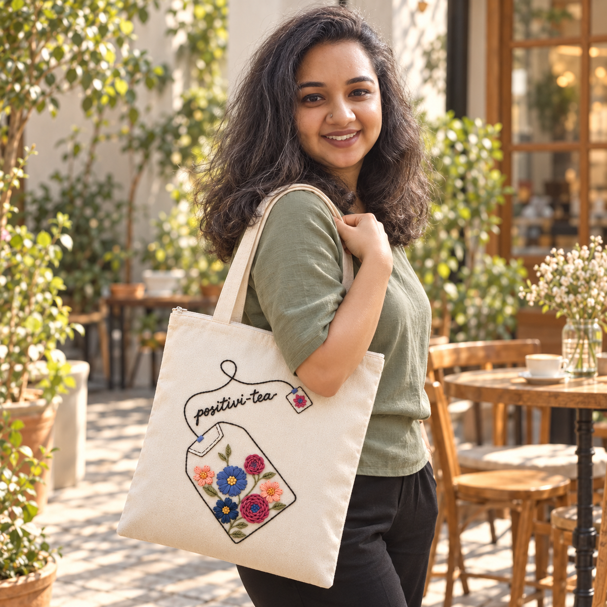 Boho Positivi-Tea Hand-Embroidered Tote Bag