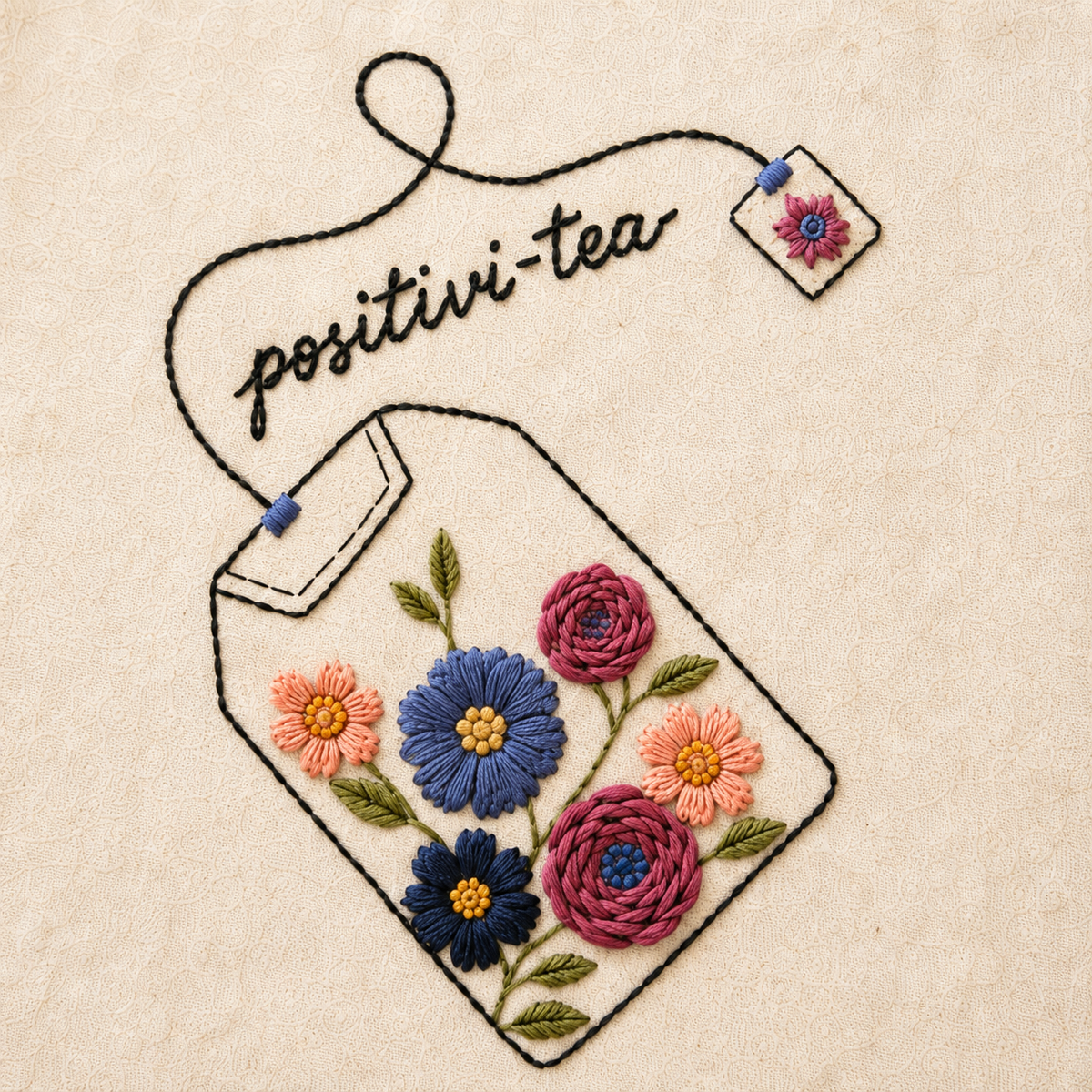 Boho Positivi-Tea Hand-Embroidered Tote Bag