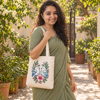 Boho Songbirds Hand-Embroidered Tote Bag