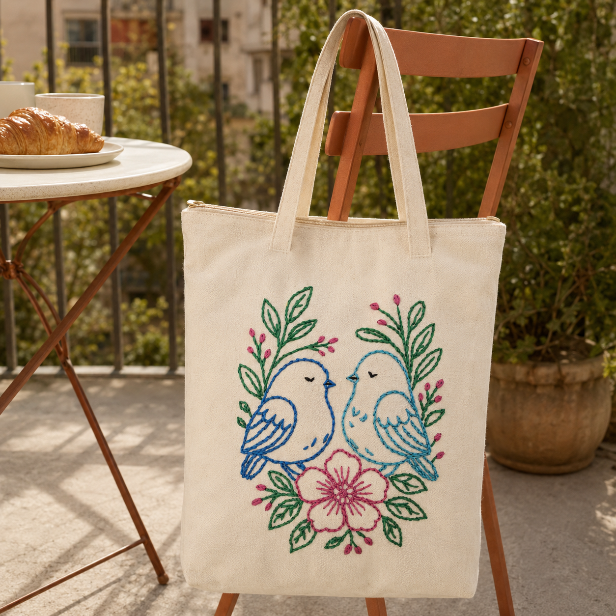 Boho Songbirds Hand-Embroidered Tote Bag
