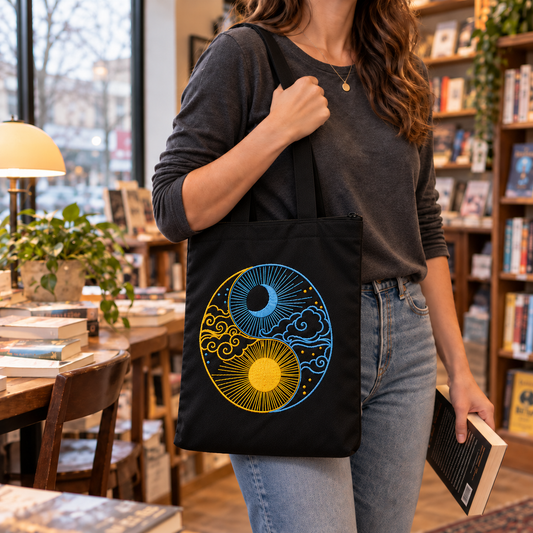 Boho Sun & Moon Hand-Embroidered Tote Bag