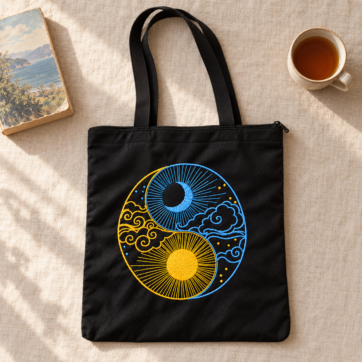 Boho Sun & Moon Hand-Embroidered Tote Bag