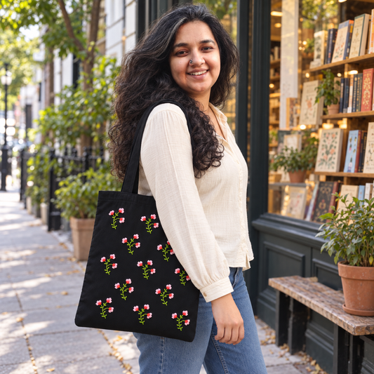Boho Tiny Blooms Hand-Embroidered Tote Bag